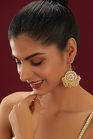 Gold Plated Kundan Polki & Baby Pearl Stud Earrings by Just Shraddha