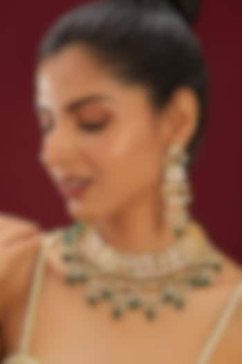 Gold Plated Kundan Polki & Pearl Green Meenakari Necklace Set by Just Shraddha at Pernia's Pop Up Shop