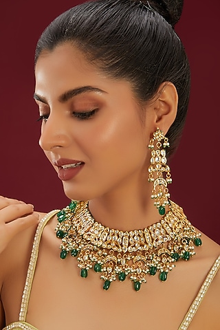 Gold Plated Kundan Polki & Pearl Green Meenakari Necklace Set by Just Shraddha