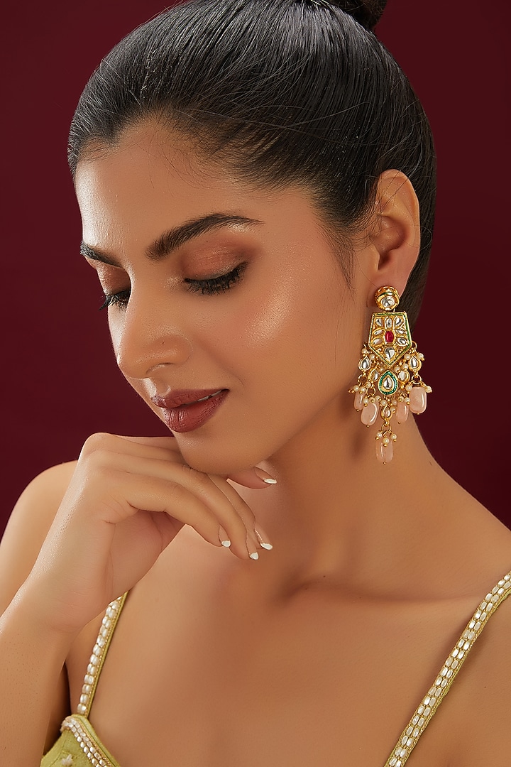 Gold Plated Kundan Polki & Beaded Dangler Earrings by Just Shraddha at Pernia's Pop Up Shop