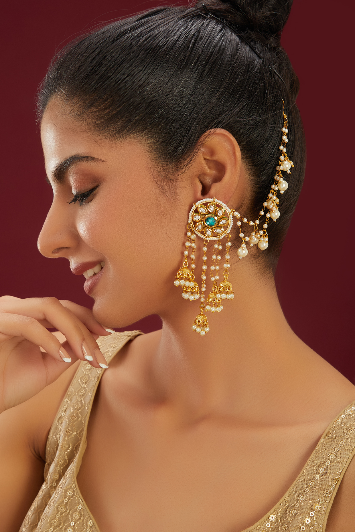 Gold Plated Kundan Polki & Pearl Tassel Kanchain Earrings by Just Shraddha at Pernia's Pop Up Shop