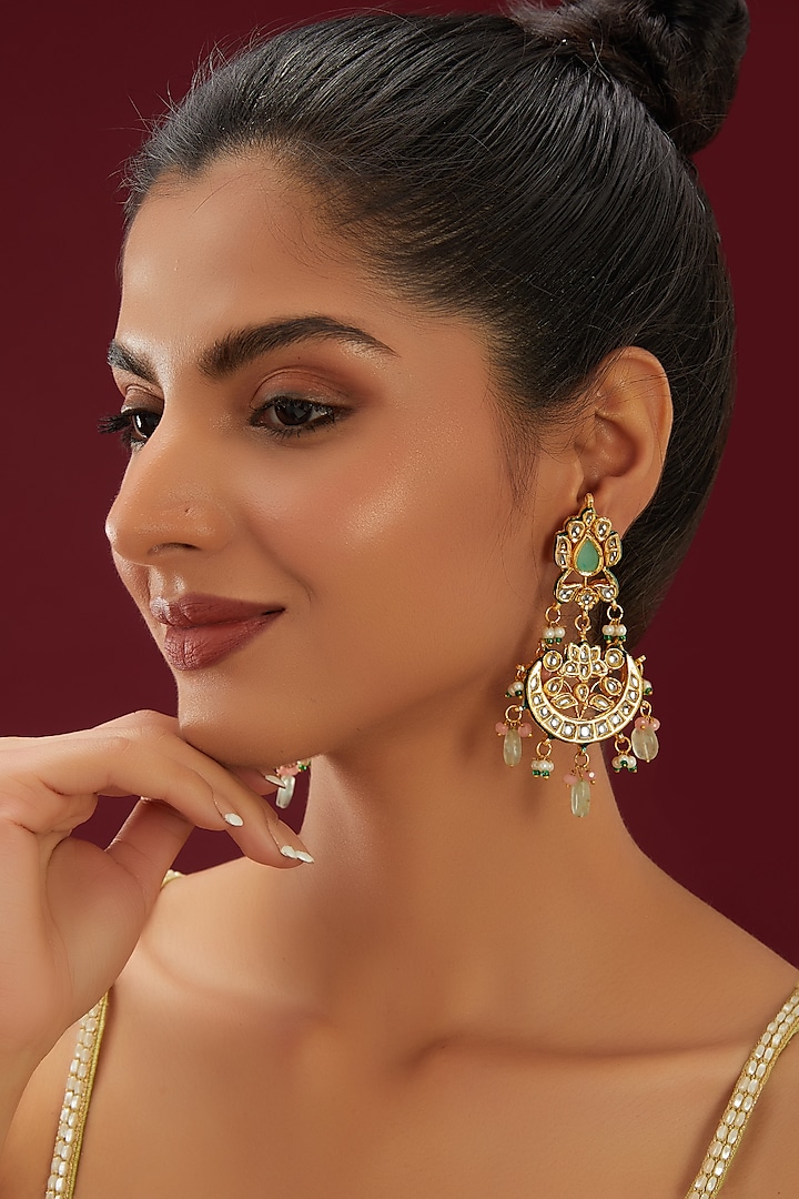 Gold Plated Pearl & Beaded Green Meenakari Chandbaali Earrings by Just Shraddha