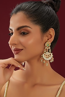 Gold Plated Pearl & Beaded Green Meenakari Chandbaali Earrings by Just Shraddha-DESIGNER EARRINGS