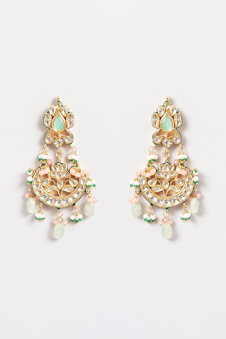 Gold Plated Pearl & Beaded Green Meenakari Chandbaali Earrings by Just Shraddha at Pernia's Pop Up Shop