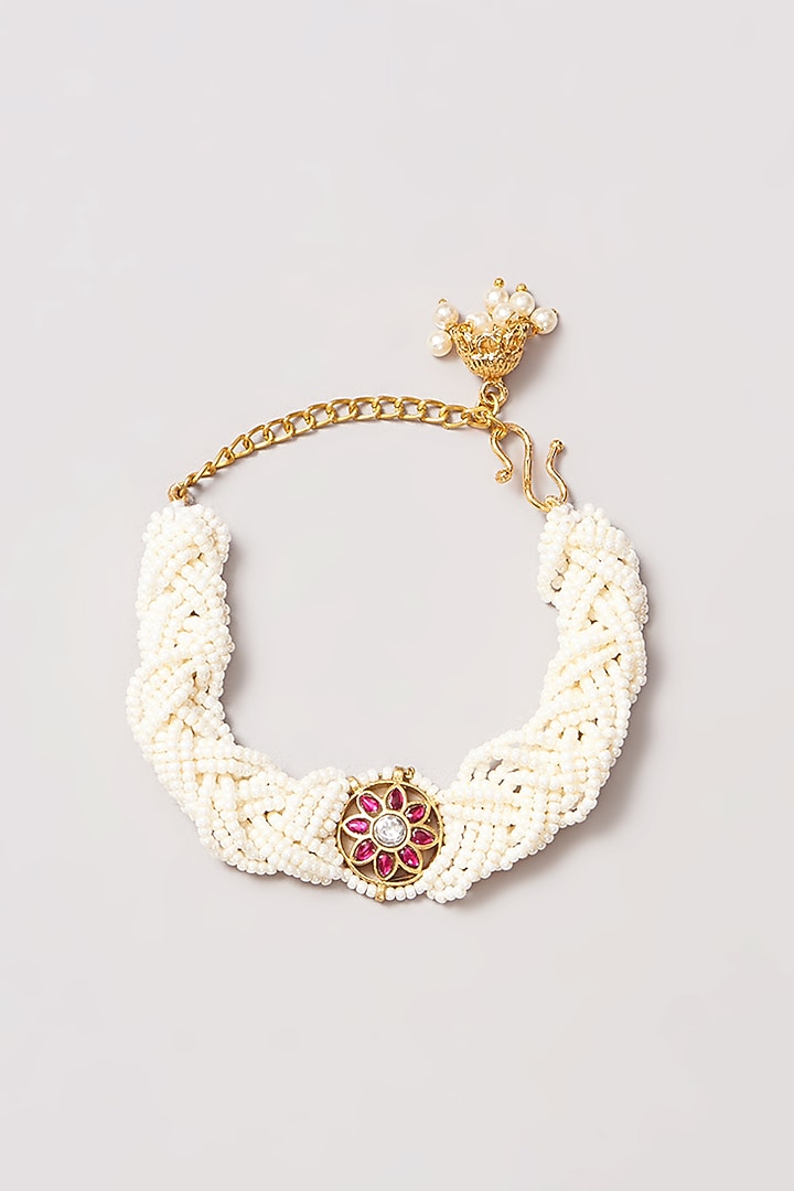 Dull Gold Finish Pleated Pearl Bracelet by Just Shraddha at Pernia's Pop Up Shop