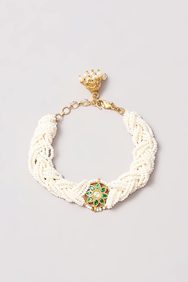 Dull Gold Finish Pleated Pearl Bracelet by Just Shraddha at Pernia's Pop Up Shop