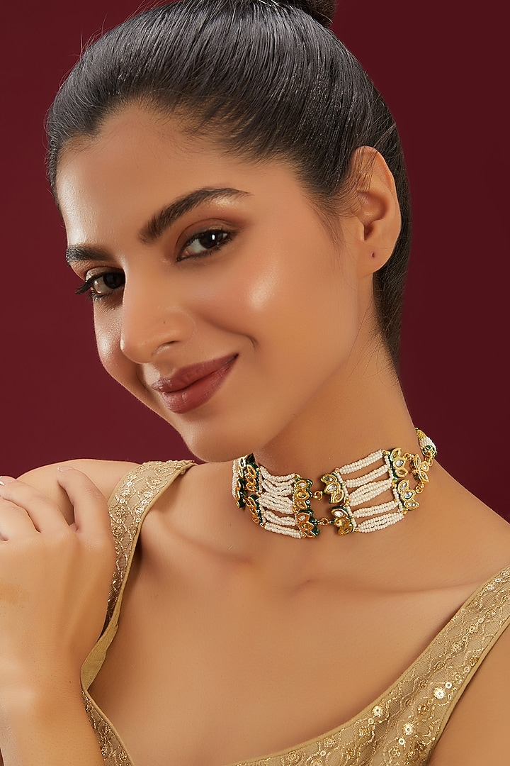 Gold Plated Kundan Polki & Pearl Green Meenakari Choker Necklace by Just Shraddha at Pernia's Pop Up Shop