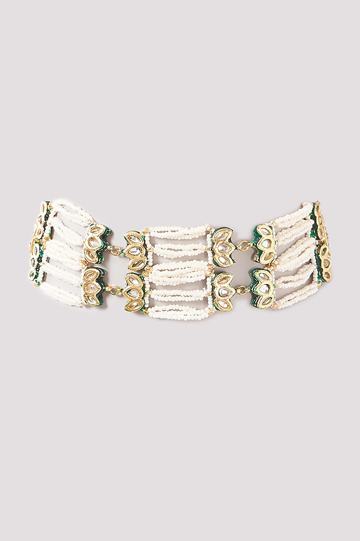 Gold Plated Kundan Polki & Pearl Green Meenakari Choker Necklace by Just Shraddha at Pernia's Pop Up Shop