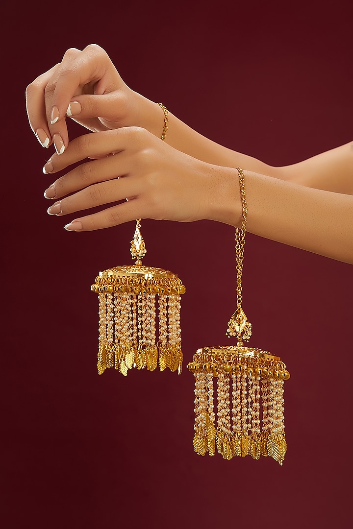 Gold Plated Kundan Polki & Tassel Kaleeras (Set Of 2) by Just Shraddha at Pernia's Pop Up Shop