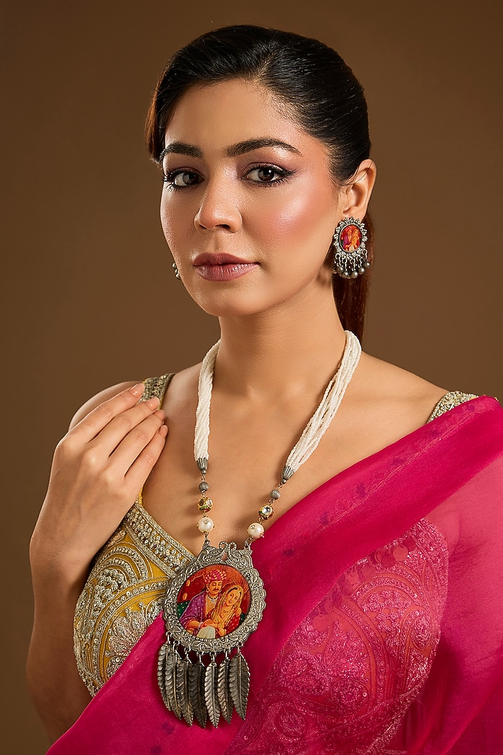 Black Rhodium Plated Pearl Long Pendant Necklace Set by Just Shraddha at Pernia's Pop Up Shop