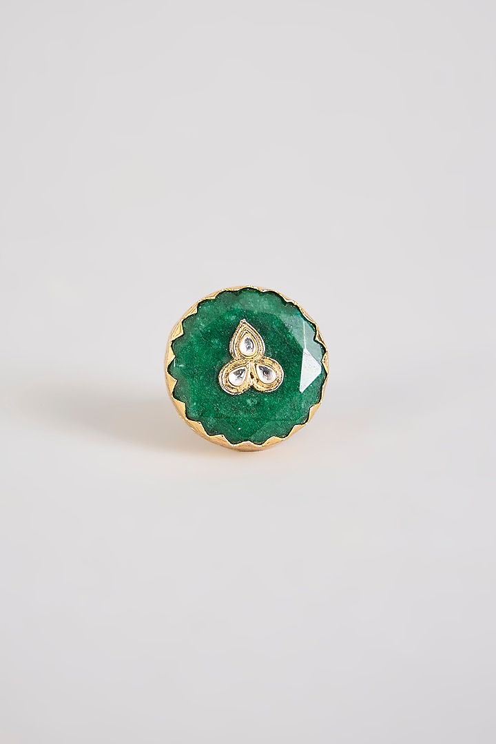 Gold Finish Green Kundan Polki Ring by Just Shraddha at Pernia's Pop Up Shop