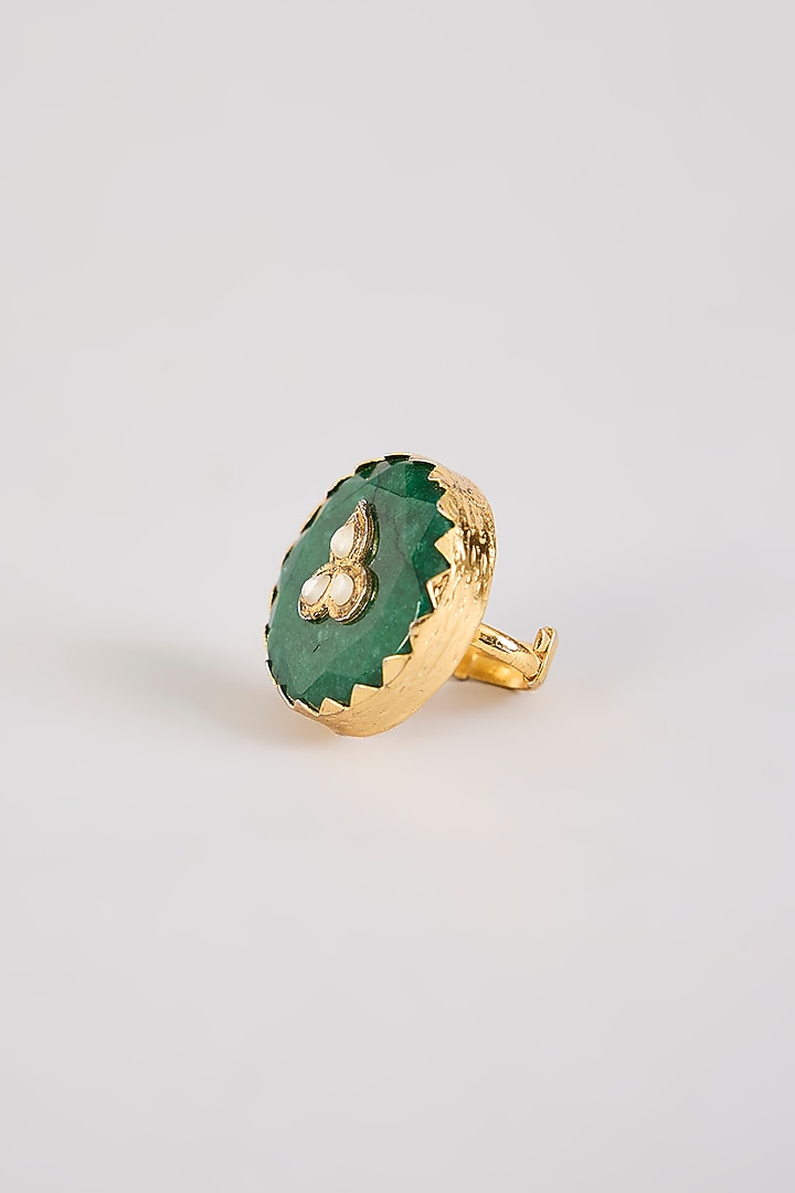 Gold Finish Green Kundan Polki Ring by Just Shraddha at Pernia's Pop Up Shop