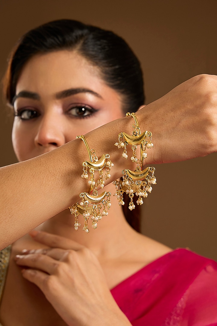 Gold Plated Ghungroo Moon-Shaped Openable Bangles (Set of 2) by Just Shraddha at Pernia's Pop Up Shop