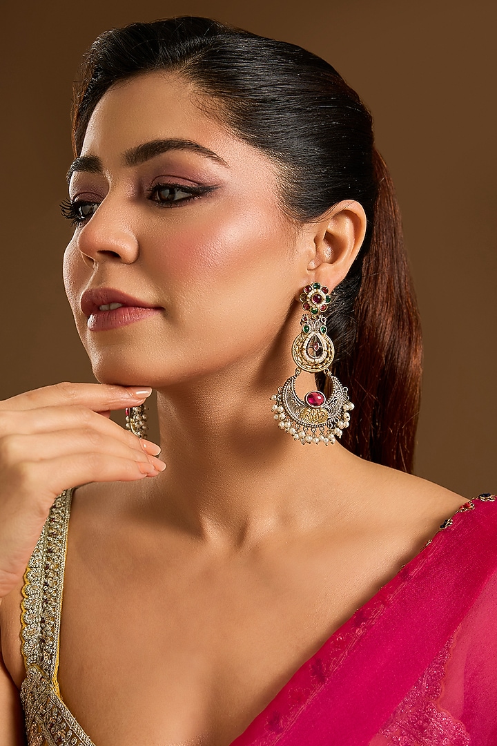 Black Rhodium Finish Multi-Colored Stone Chandbali Earrings by Just Shraddha at Pernia's Pop Up Shop