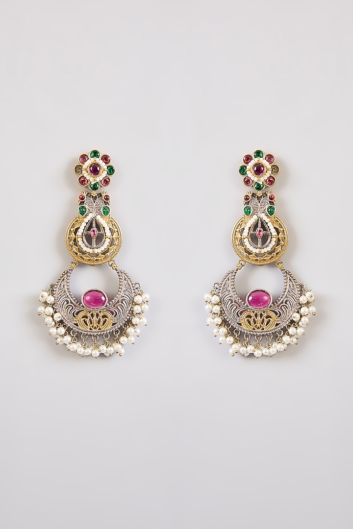 Black Rhodium Finish Multi-Colored Stone Chandbali Earrings by Just Shraddha at Pernia's Pop Up Shop