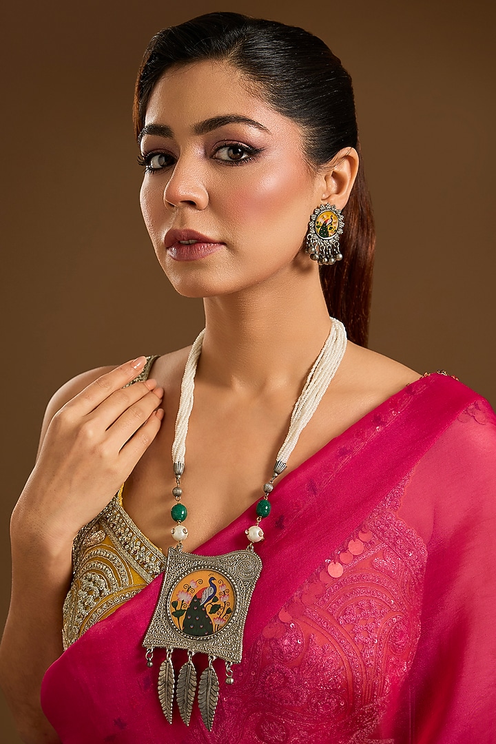 Black Rhodium Plated Pearl Long Pendant Necklace Set by Just Shraddha at Pernia's Pop Up Shop