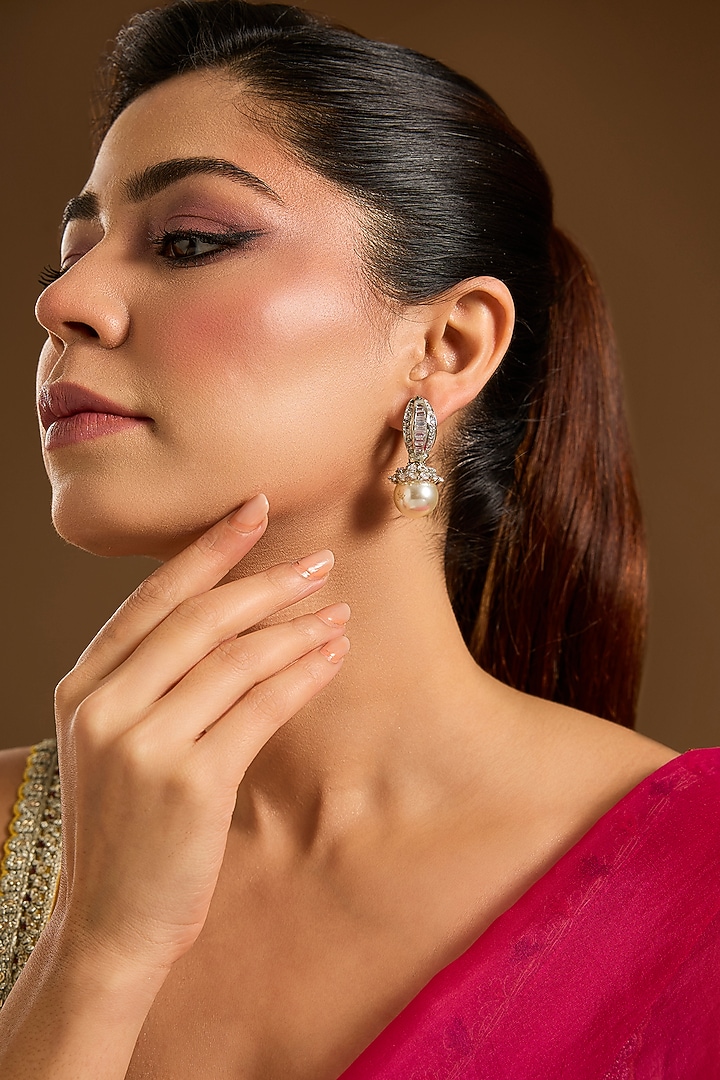 White Rhodium Finish Pearl Dangler Earrings by Just Shraddha at Pernia's Pop Up Shop