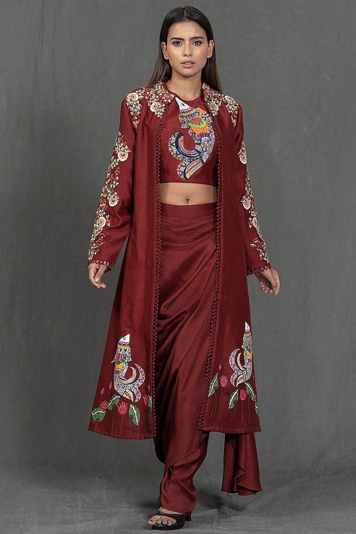 Maroon Draped Skirt Set by Kimaya by Vandana Rathi at Pernia's Pop Up Shop