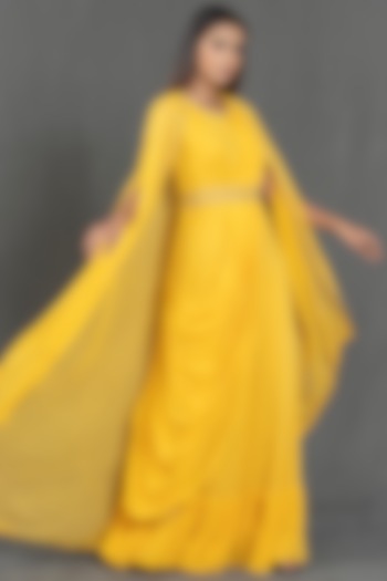 Yellow Pleated Saree Gown by Kimaya by Vandana Rathi at Pernia's Pop Up Shop