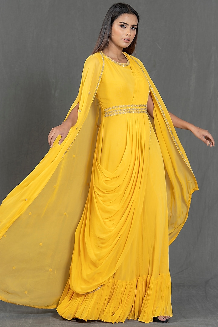 Yellow Pleated Saree Gown by Kimaya by Vandana Rathi at Pernia's Pop Up Shop