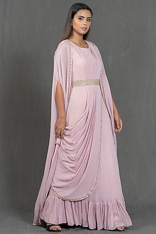 Pink Pleated Saree Gown by Kimaya by Vandana Rathi