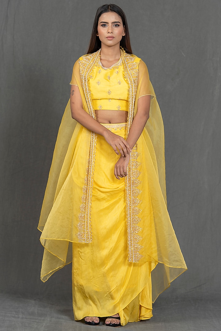 Yellow Hand Embroidered Draped Skirt Set by Kimaya by Vandana Rathi