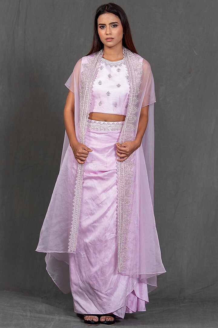 Lavender Hand Embroidered Draped Skirt Set by Kimaya by Vandana Rathi