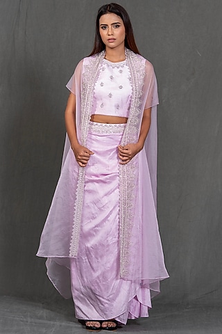 Lavender Hand Embroidered Draped Skirt Set by Kimaya by Vandana Rathi