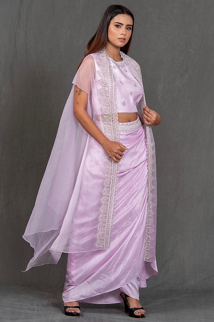 Lavender Hand Embroidered Draped Skirt Set by Kimaya by Vandana Rathi at Pernia's Pop Up Shop