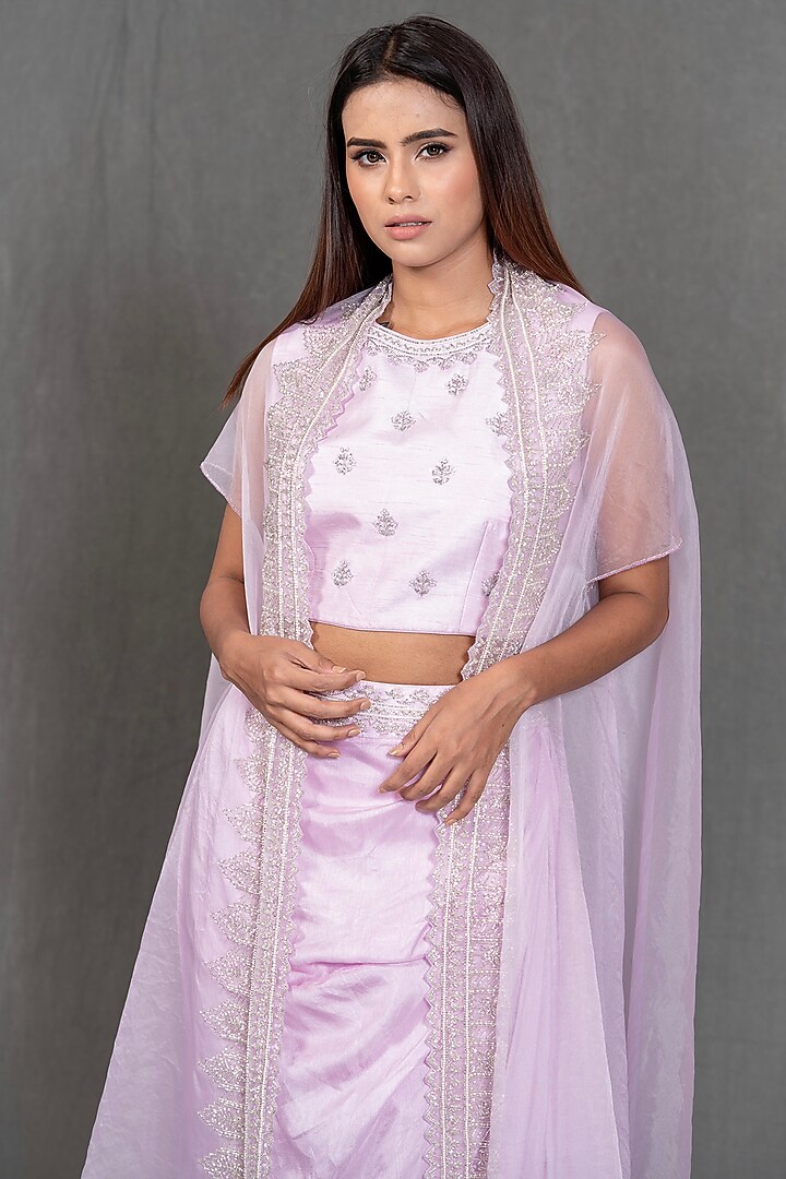 Lavender Hand Embroidered Draped Skirt Set by Kimaya by Vandana Rathi at Pernia's Pop Up Shop