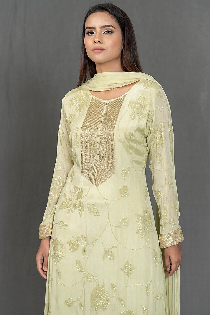 Pale Yellow Hand Embroidered Kurta Set by Kimaya by Vandana Rathi at Pernia's Pop Up Shop