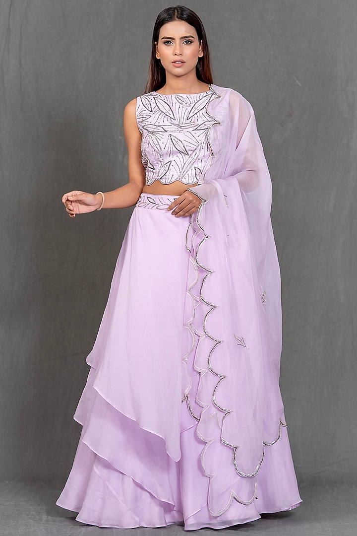 Lilac Hand Embroidered Layered Skirt Set by Kimaya by Vandana Rathi