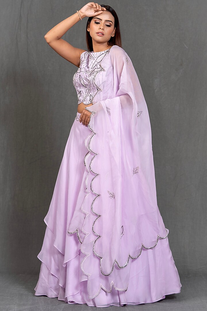 Lilac Hand Embroidered Layered Skirt Set by Kimaya by Vandana Rathi at Pernia's Pop Up Shop