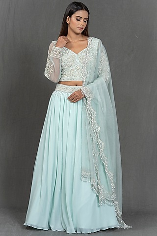 Ice Blue Pearl Work Lehenga Set by Kimaya by Vandana Rathi