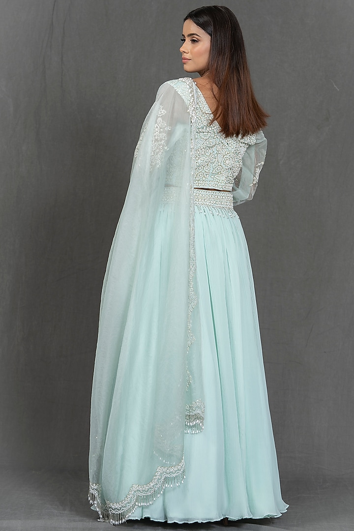 Ice Blue Pearl Work Wedding Lehenga Set by Kimaya by Vandana Rathi at Pernia's Pop Up Shop