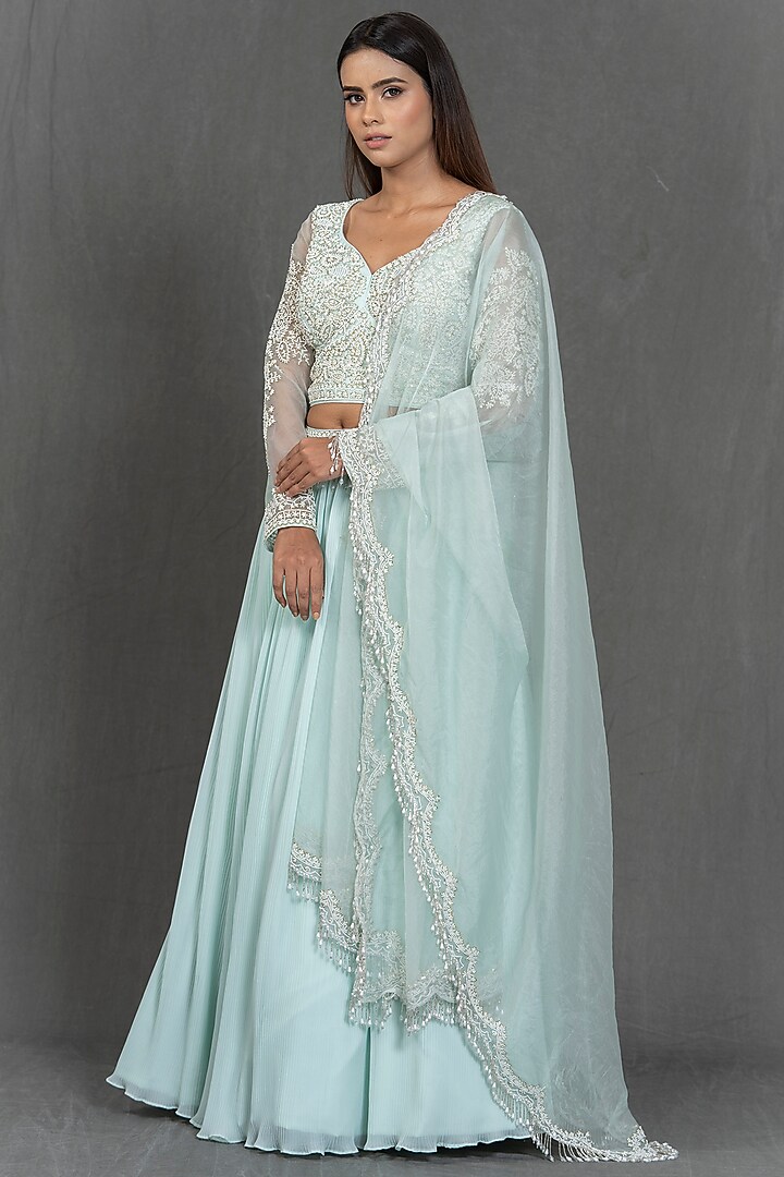 Ice Blue Pearl Work Wedding Lehenga Set by Kimaya by Vandana Rathi at Pernia's Pop Up Shop