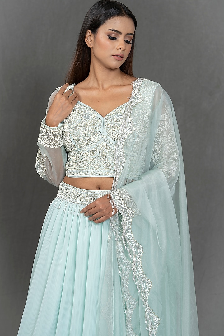 Ice Blue Pearl Work Wedding Lehenga Set by Kimaya by Vandana Rathi at Pernia's Pop Up Shop