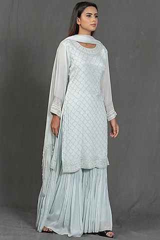 Ice Blue Hand Embroidered Kurta Set by Kimaya by Vandana Rathi