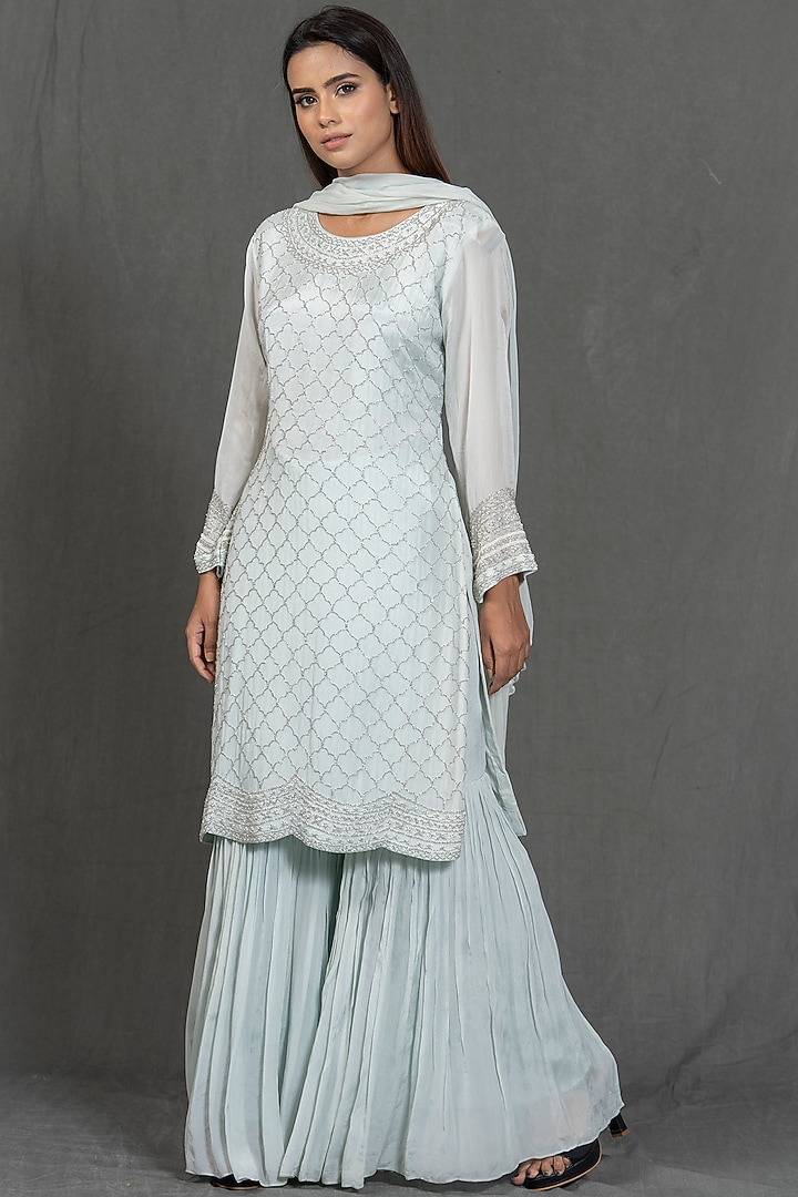 Ice Blue Hand Embroidered Kurta Set by Kimaya by Vandana Rathi at Pernia's Pop Up Shop