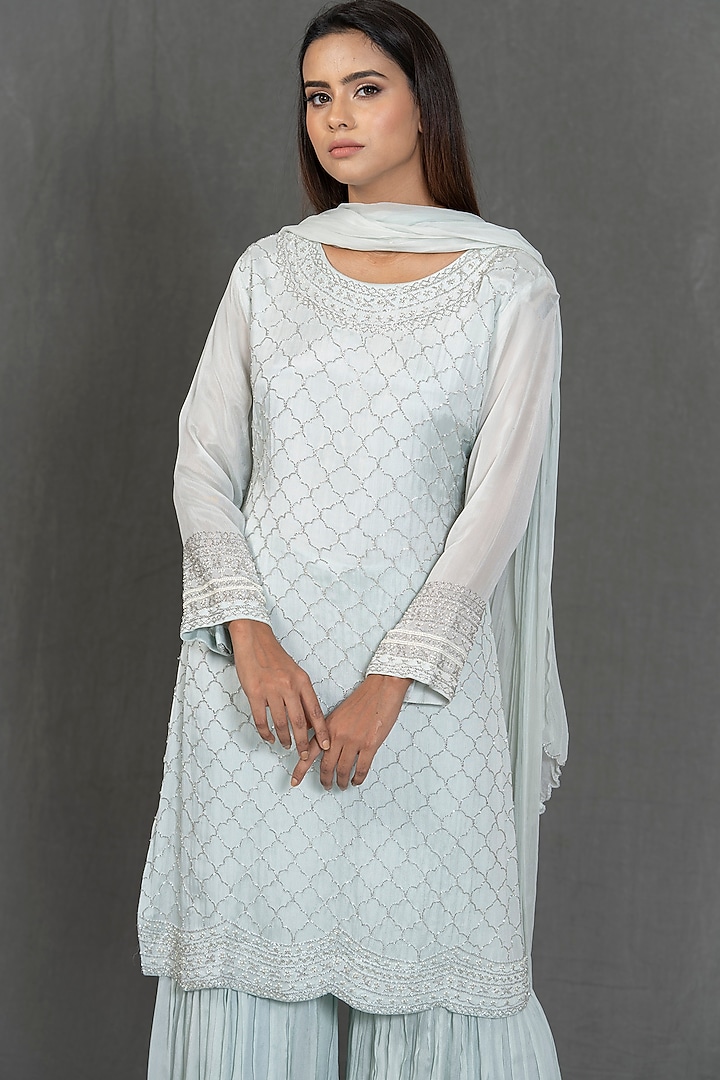 Ice Blue Hand Embroidered Kurta Set by Kimaya by Vandana Rathi at Pernia's Pop Up Shop