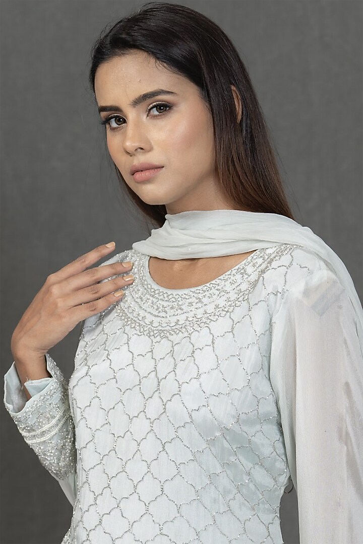 Ice Blue Hand Embroidered Kurta Set by Kimaya by Vandana Rathi at Pernia's Pop Up Shop