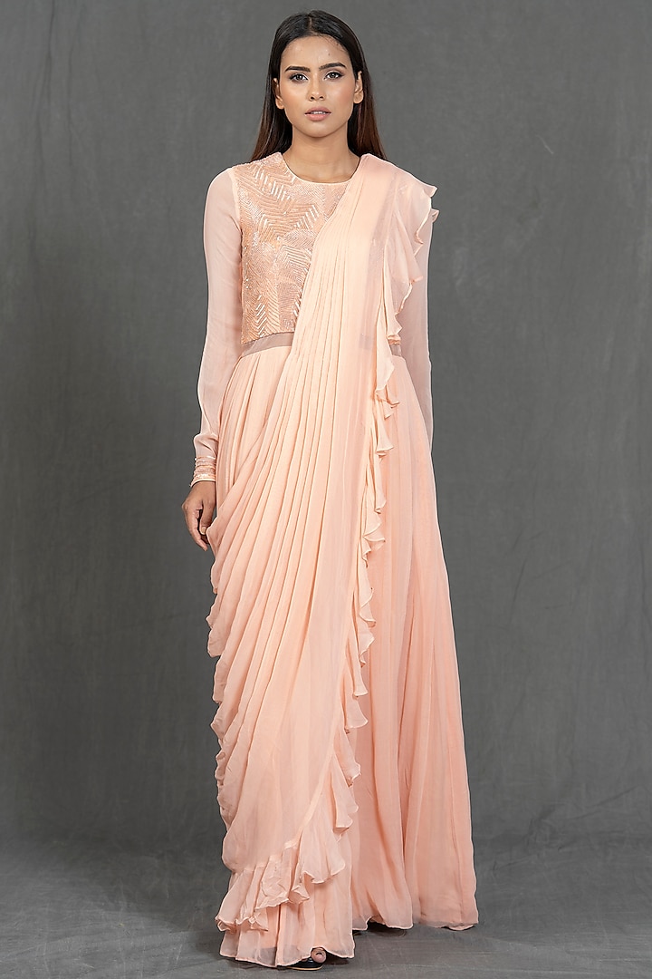 Pink Ruffled & Draped Georgette Gown by Kimaya by Vandana Rathi