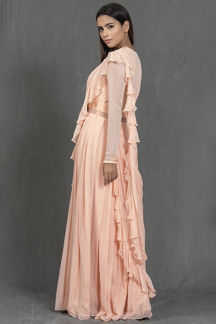 Pink Ruffled & Draped Georgette Gown by Kimaya by Vandana Rathi at Pernia's Pop Up Shop