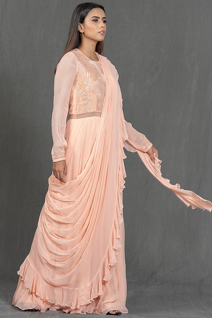 Pink Ruffled & Draped Georgette Gown by Kimaya by Vandana Rathi at Pernia's Pop Up Shop