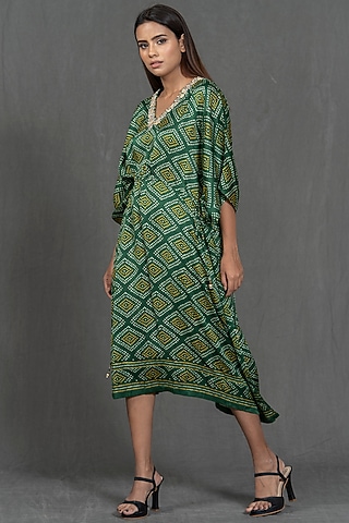 Green Hand Embroidered Kaftan by Kimaya by Vandana Rathi
