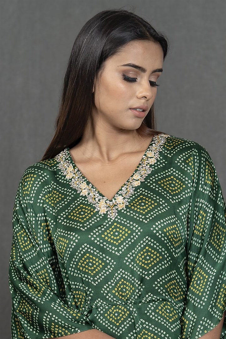 Green Hand Embroidered Kaftan by Kimaya by Vandana Rathi at Pernia's Pop Up Shop