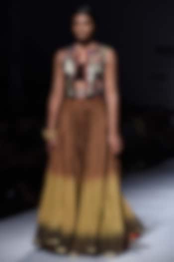 Gold Embroidered Crop Jacket with Black Bustier and Lehenga by Krishna Mehta