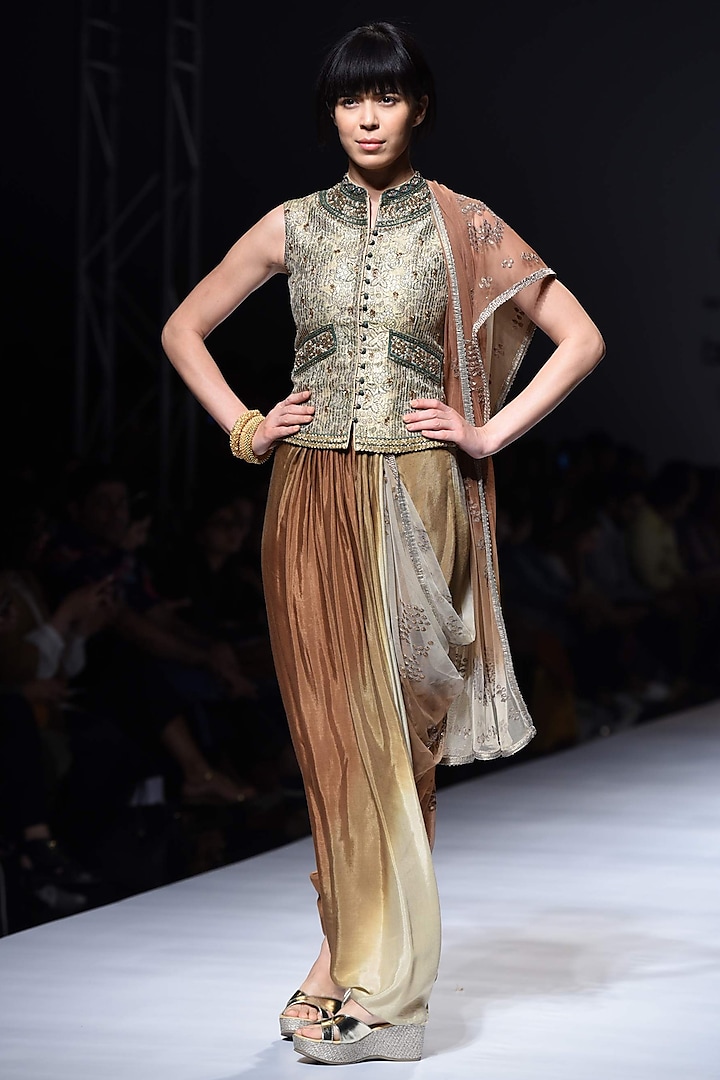 Gold Block-Printed Nehru Vest with Embroidered Draped Dhoti Saree by Krishna Mehta