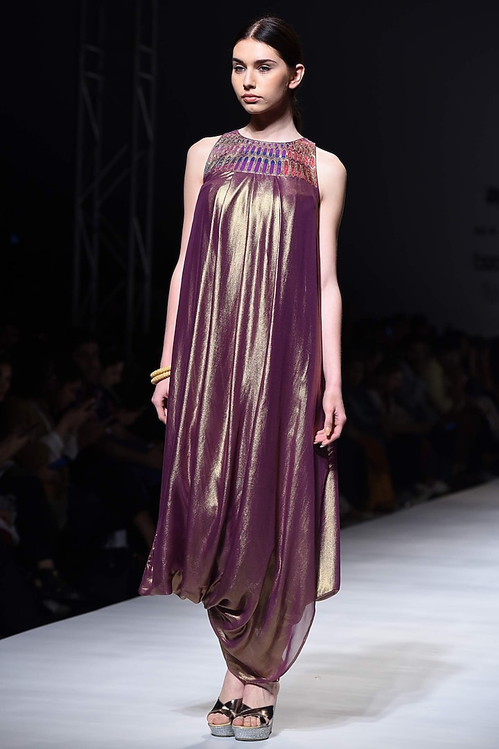 Purple Ombre Hand Embroidery Draped Dress by Krishna Mehta