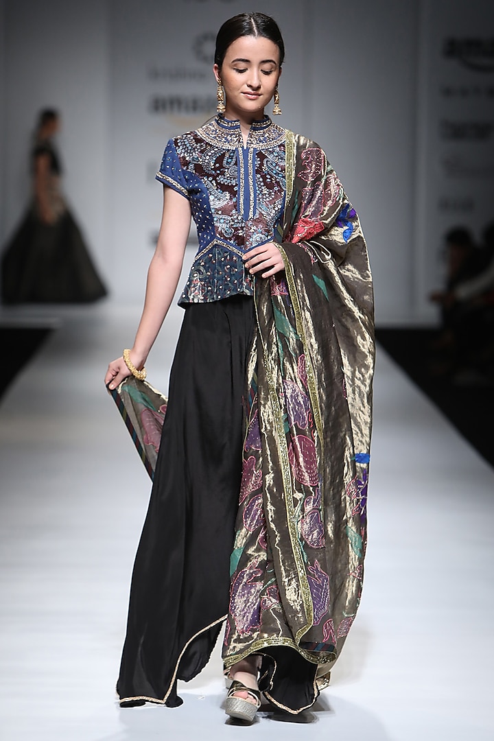 Black Antique Embroidered Jacket and Draped Trousers Set by Krishna Mehta